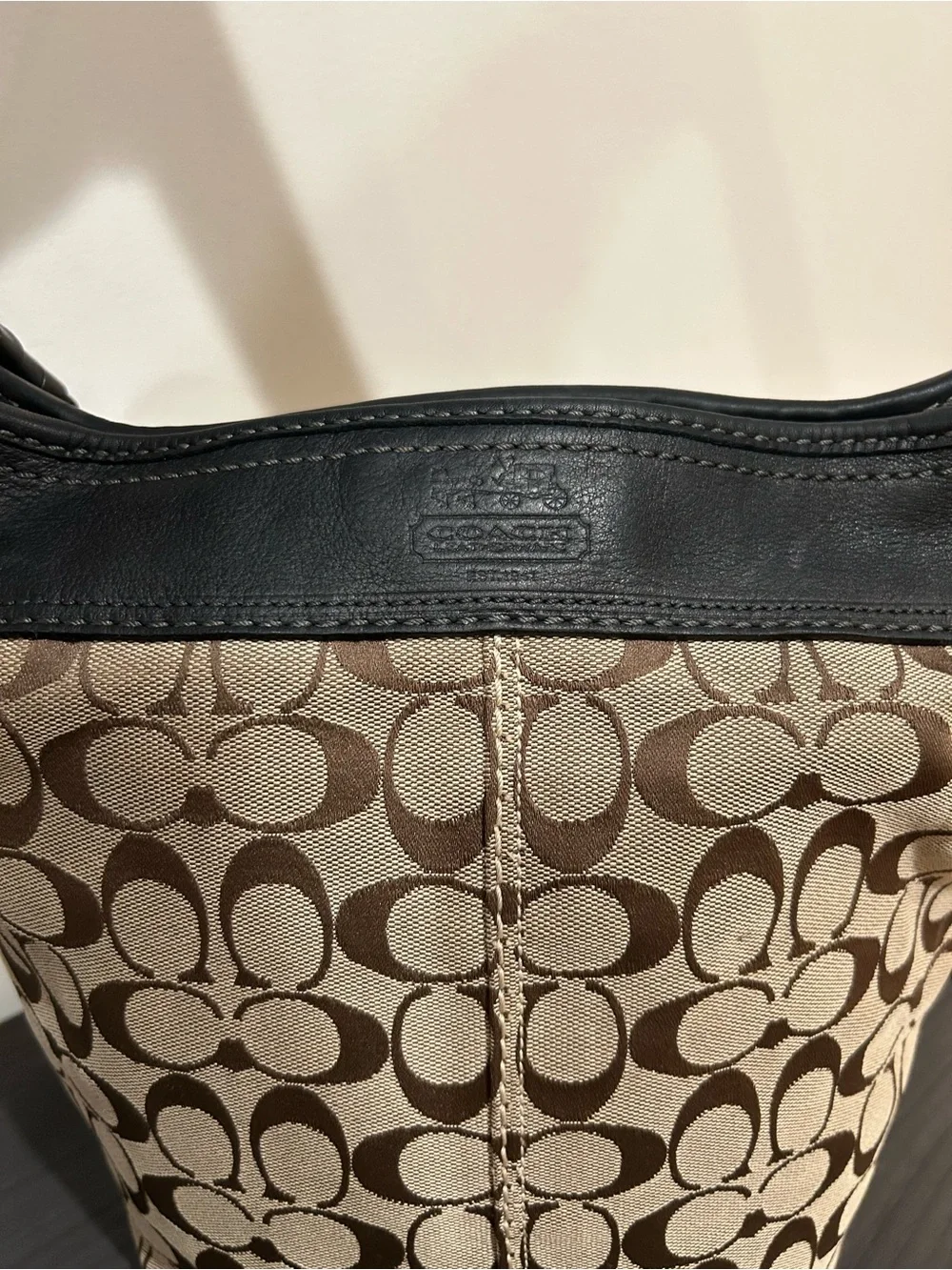 Coach Bleecker Brown Canvas Black Leather Trim Bucket Style#11437 EUC